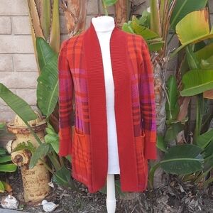 Isaac Mizrahi red orange plaid knit cardigan XS